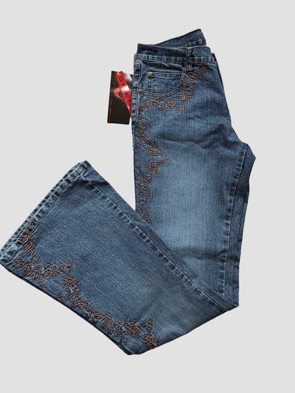 Foxy Brown Embroidery Detail Flare Boho Mid Rise Denim Jeans -SZ-11X32"